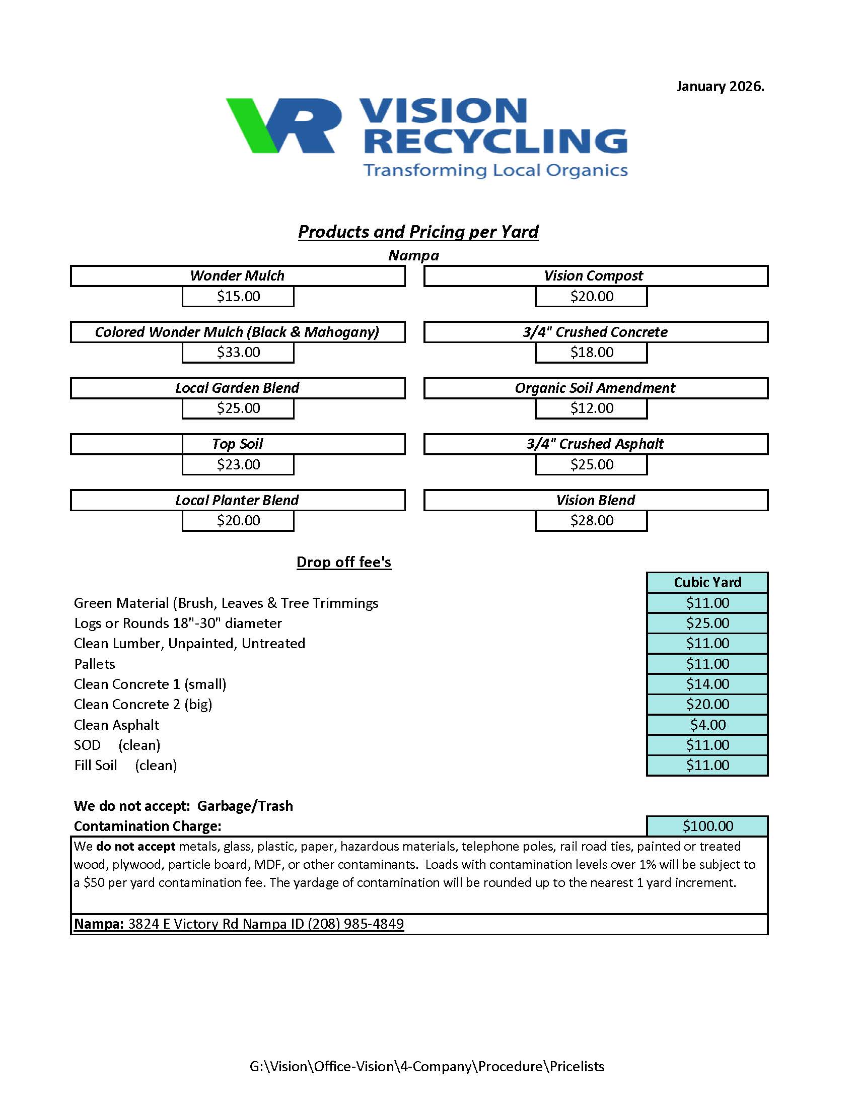 Copy of Nampa  Price List 2023